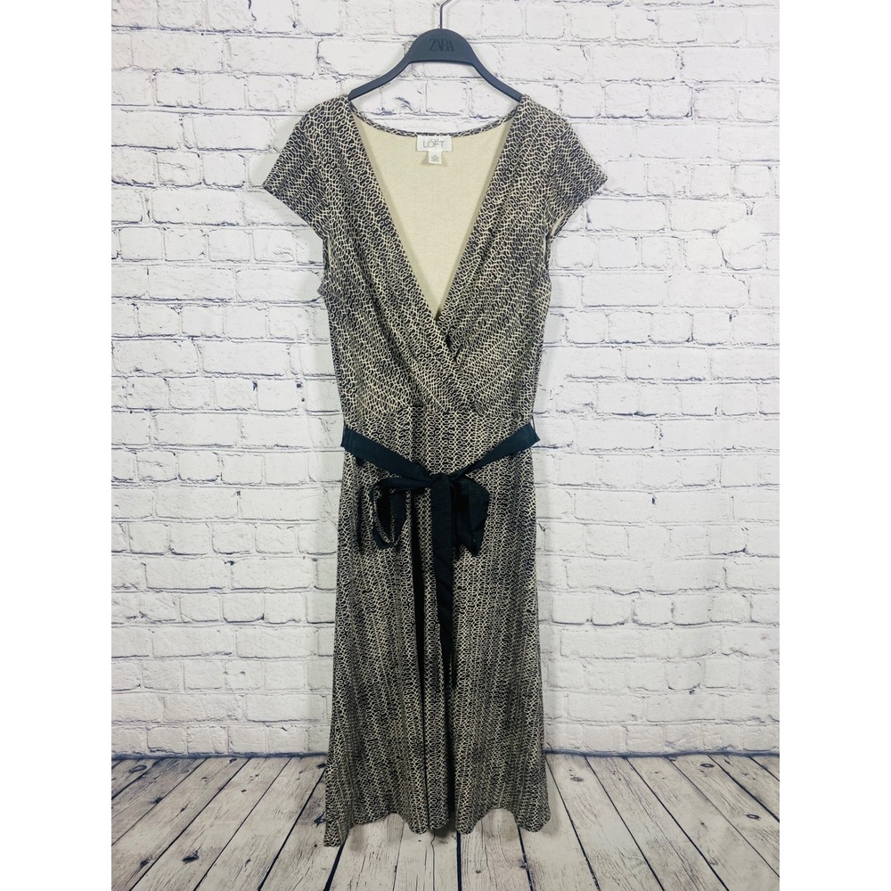 Ann Taylor Loft Dress Womens 10 Faux Wrap Geometric Chain Link Tan Black Exc
